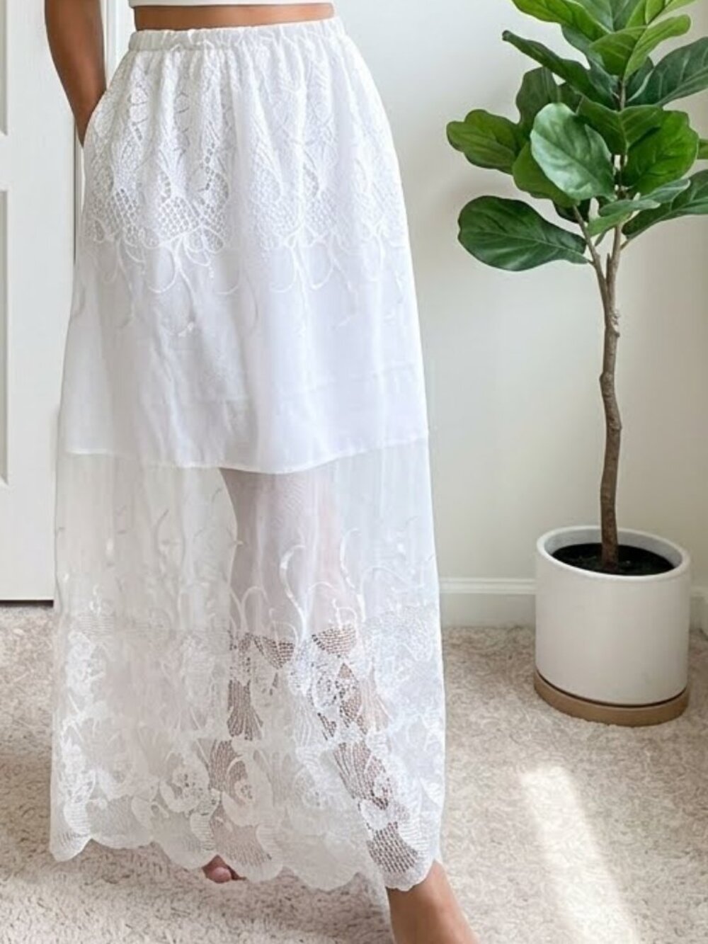 Upcycled White Lace Lined Maxi Sheer Skirt Overlay Scalloped Hem Elastic Waist